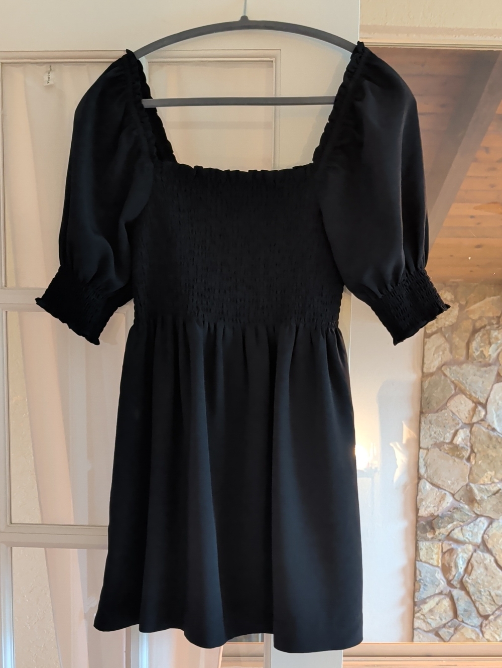 Hill House Black Smocked Mini Dress with Puff Sleeves